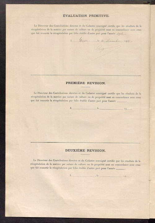 Tableau présentant les augmentations et les diminutions survenues dans la matière imposable ; récapitulation ; table alphabétique des propriétaires ; matrice des propriétés non bâties, fol. 1 à 492.