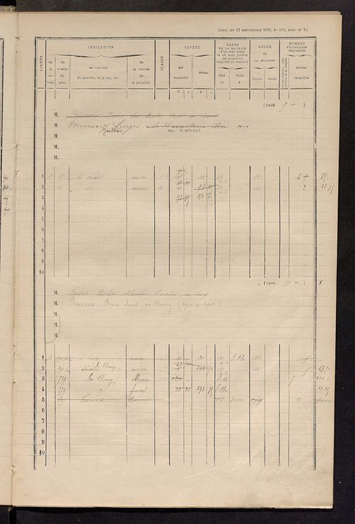 Matrice des propriétés bâties ; augmentations et diminutions, 1883-1891 ; séparation des revenus cadastraux afférents, pour l'année 1882, aux propriétés bâties et non bâties (état-balance) ; table alphabétique des propriétaires.