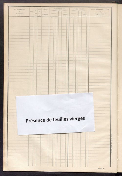 Tableau présentant les augmentations et les diminutions survenues dans la matière imposable ; récapitulation ; table alphabétique des propriétaires ; matrice des propriétés non bâties, fol. 1 à 492.