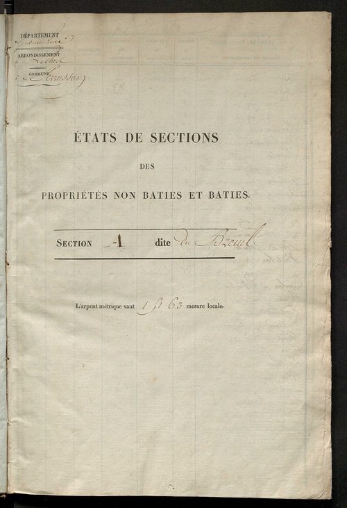 Etats de sections des propriétés non bâties et bâties ; relevé des numéros de propriétés non bâties de même nature ; relevé des propriétés bâties ; récapitulation de la contenance et du revenu imposables des propriétés.