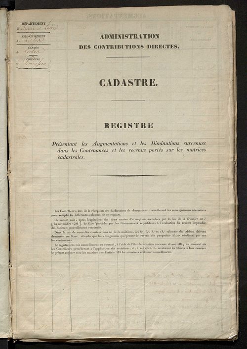 Registre présentant les augmentations et les diminutions survenues dans les contenances et les revenus portés sur les matrices cadastrales, 1829-1914 ; récapitulation des contenances et des revenus imposables, 1827 ; matrice des propriétés foncières, fol.
