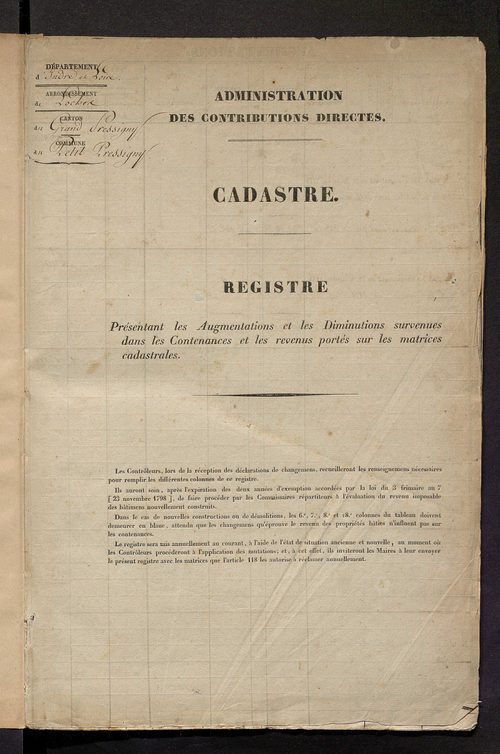 Registre présentant les augmentations et les diminutions survenues dans les contenances et les revenus portés sur les matrices cadastrales, 1825-1914 ; récapitulation des contenances et des revenus imposables, 1823 ; matrice des propriétés foncières, fol.