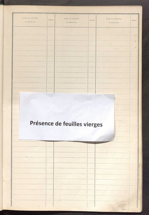 Tableau présentant les augmentations et les diminutions survenues dans la matière imposable ; récapitulation ; table alphabétique des propriétaires ; matrice des propriétés non bâties, fol. 1 à 500.