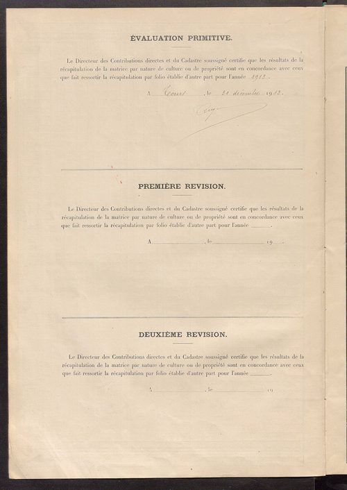 Tableau présentant les augmentations et les diminutions survenues dans la matière imposable ; récapitulation ; table alphabétique des propriétaires ; matrice des propriétés non bâties, fol. 1 à 500.