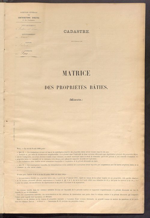 Matrice des propriétés bâties ; récapitulation ; table alphabétique des propriétaires.