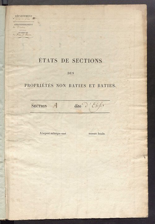 Etats de sections des propriétés non bâties et bâties ; relevé des numéros de propriétés non bâties de même nature ; relevé des propriétés bâties ; récapitulation de la contenance et du revenu imposables des propriétés.