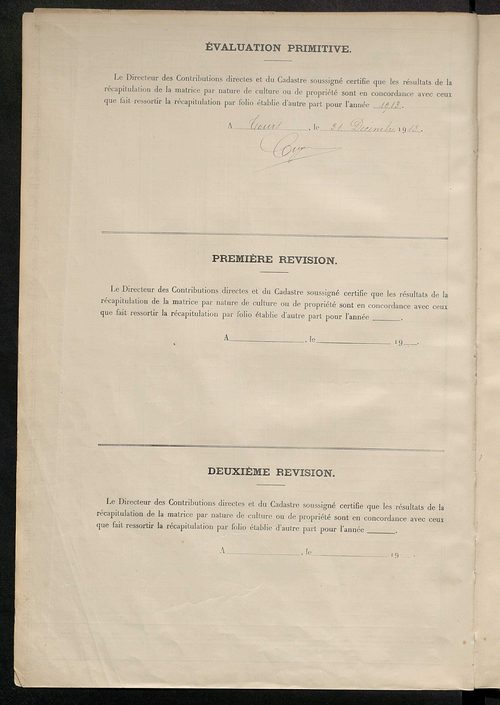 Tableau présentant les augmentations et les diminutions survenues dans la matière imposable ; récapitulation ; table alphabétique des propriétaires ; matrice des propriétés non bâties, fol. 1 à 492.