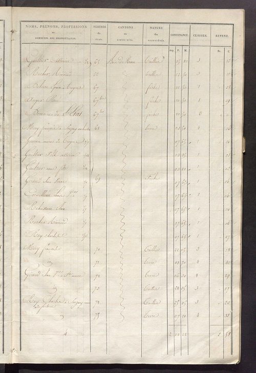 Etats de sections des propriétés non bâties et bâties ; relevé des numéros de propriétés non bâties de même nature ; relevé des propriétés bâties ; récapitulation de la contenance et du revenu imposables des propriétés.