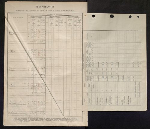 Tableau présentant les augmentations et les diminutions survenues dans la matière imposable ; récapitulation ; table alphabétique des propriétaires ; matrice des propriétés non bâties, fol. 1 à 492.