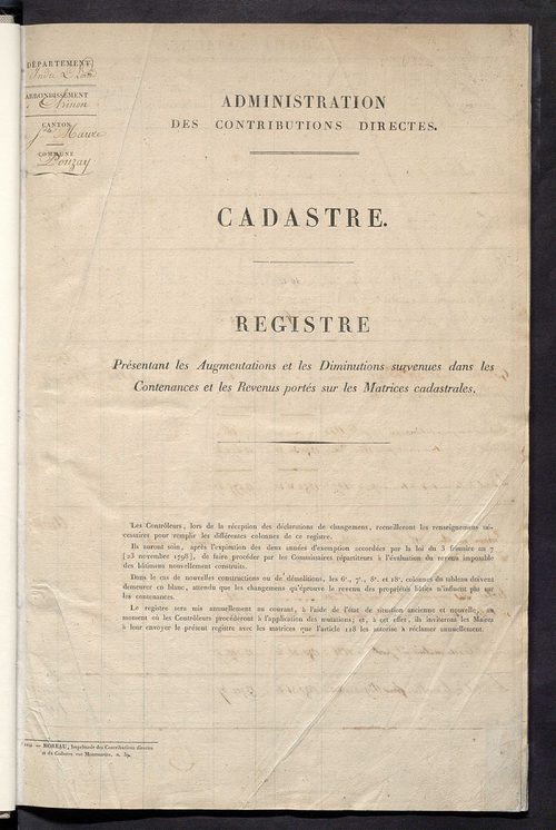 Matrice des propriétés foncières ; registre présentant les augmentations et les diminutions survenues dans les contenances et les revenus portés sur les matrices cadastrales, 1829-1914 ; récapitulation des contenances et des revenus imposables, 1828 ; tab