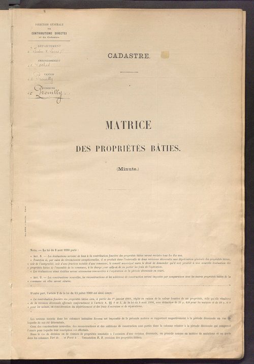 Matrice des propriétés bâties ; récapitulation ; table alphabétique des propriétaires.