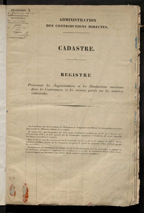 Registre présentant les augmentations et les diminutions survenues dans les contenances et les revenus portés sur les matrices cadastrales, 1826-1914 ; récapitulation des contenances et des revenus imposables, 1823 ; matrice des propriétés foncières, fol.