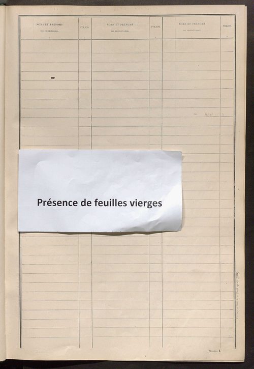 Matrice des propriétés non bâties ; tableau présentant les augmentations et les diminutions survenues dans la matière imposable ; récapitulation ; table alphabétique des propriétaires.