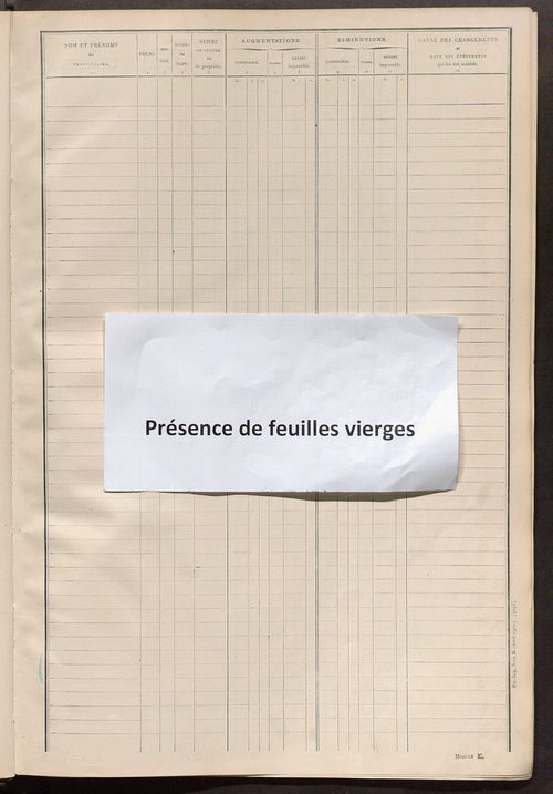 Matrice des propriétés non bâties ; tableau présentant les augmentations et les diminutions survenues dans la matière imposable ; récapitulation ; table alphabétique des propriétaires.