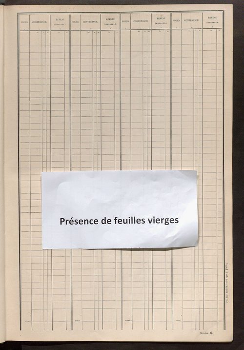 Matrice des propriétés non bâties ; tableau présentant les augmentations et les diminutions survenues dans la matière imposable ; récapitulation ; table alphabétique des propriétaires.