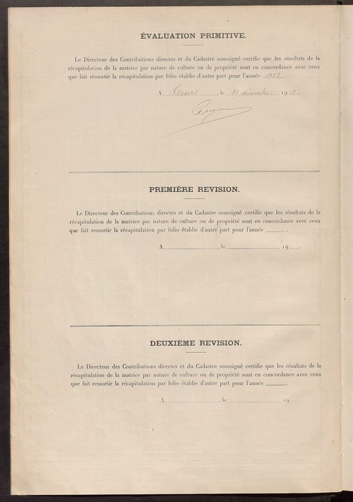 Matrice des propriétés non bâties ; tableau présentant les augmentations et les diminutions survenues dans la matière imposable ; récapitulation ; table alphabétique des propriétaires.