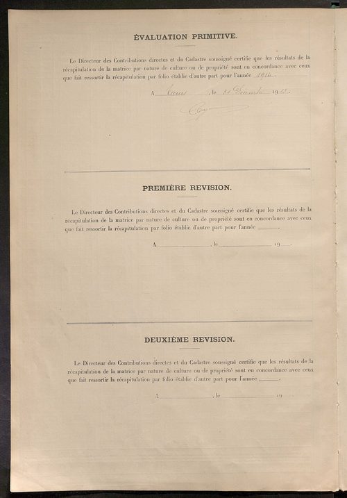 Tableau présentant les augmentations et les diminutions survenues dans la matière imposable ; récapitulation ; table alphabétique des propriétaires ; matrice des propriétés non bâties, fol. 1 à 500.