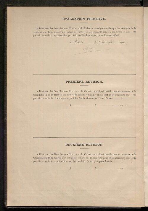Matrice des propriétés non bâties : tableau présentant les augmentations et les diminutions survenues dans la matière imposable ; récapitulation ; table alphabétique des propriétaires.