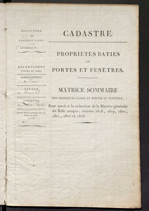 Matrice sommaire des propriétés bâties et portes et fenêtres, pour servir à la rédaction de la matrice générale du rôle unique.