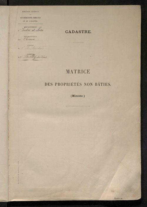 Tableau présentant les augmentations et les diminutions survenues dans la matière imposable ; récapitulation ; table alphabétique des propriétaires ; matrice des propriétés non bâties, fol. 1 à 500.