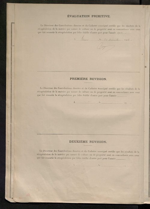 Tableau présentant les augmentations et les diminutions survenues dans la matière imposable ; récapitulation ; table alphabétique des propriétaires ; matrice des propriétés non bâties, fol. 1 à 500.