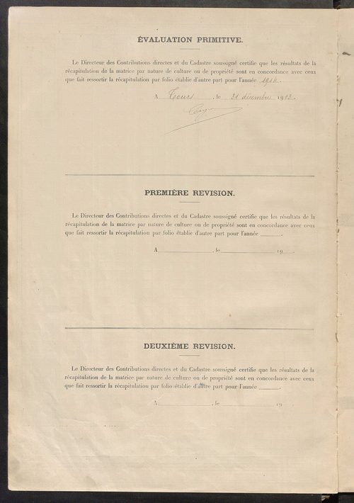 Matrice des propriétés non bâties : tableau présentant les augmentations et les diminutions survenues dans la matière imposable ; récapitulation ; table alphabétique des propriétaires.