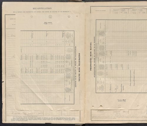 Matrice des propriétés non bâties : tableau présentant les augmentations et les diminutions survenues dans la matière imposable ; récapitulation ; table alphabétique des propriétaires.