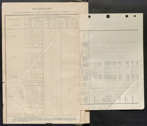 Matrice des propriétés non bâties : tableau présentant les augmentations et les diminutions survenues dans la matière imposable ; récapitulation ; table alphabétique des propriétaires.