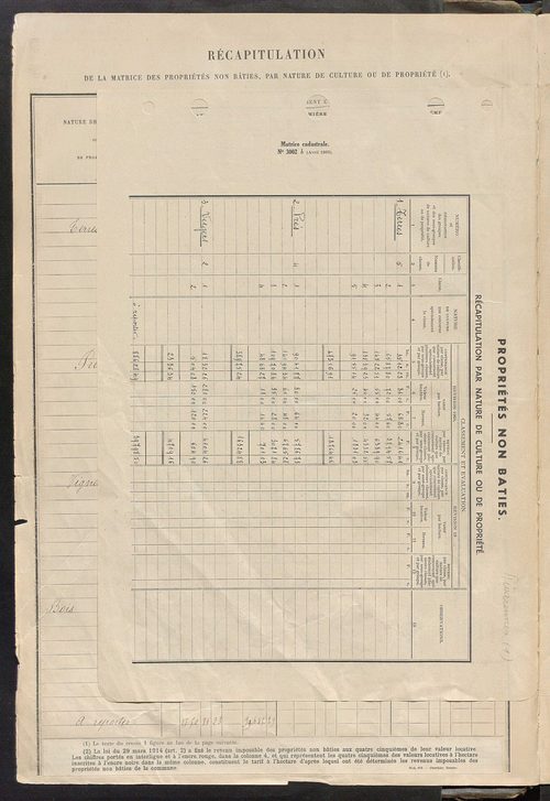 Matrice des propriétés non bâties : tableau présentant les augmentations et les diminutions survenues dans la matière imposable ; récapitulation ; table alphabétique des propriétaires.