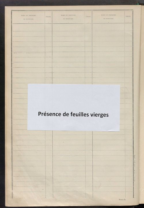 Tableau présentant les augmentations et les diminutions survenues dans la matière imposable ; récapitulation ; table alphabétique des propriétaires ; matrice des propriétés non bâties, fol. 1 à 500.
