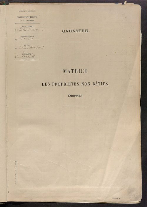 Tableau présentant les augmentations et les diminutions survenues dans la matière imposable ; récapitulation ; table alphabétique des propriétaires ; matrice des propriétés non bâties, fol. 1 à 500.
