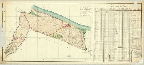 Tableau d'assemblage avec indication par section et par parcelle des natures de cultures.