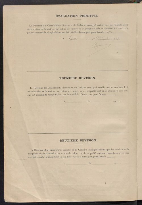 Tableau présentant les augmentations et les diminutions survenues dans la matière imposable ; récapitulation ; table alphabétique des propriétaires ; matrice des propriétés non bâties, fol. 1 à 500.