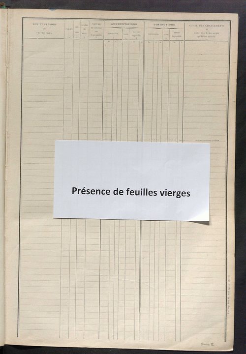 Tableau présentant les augmentations et les diminutions survenues dans la matière imposable ; récapitulation ; table alphabétique des propriétaires ; matrice des propriétés non bâties, fol. 1 à 500.