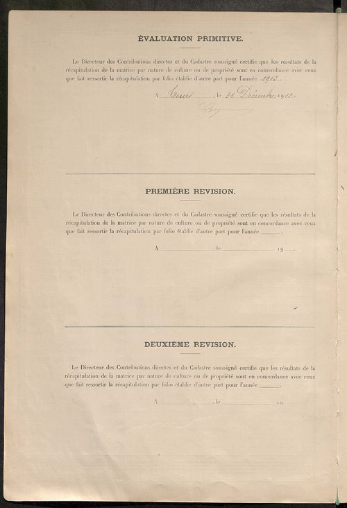 Tableau présentant les augmentations et les diminutions survenues dans la matière imposable ; récapitulation ; table alphabétique des propriétaires ; matrice des propriétés non bâties, fol. 1 à 488.