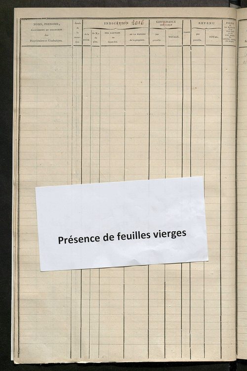 Matrice des propriétés foncières, fol. 2005 à 2600 ; récapitulation des contenances et des revenus de la matrice cadastrale, 1825 ; table alphabétique des propriétaires.