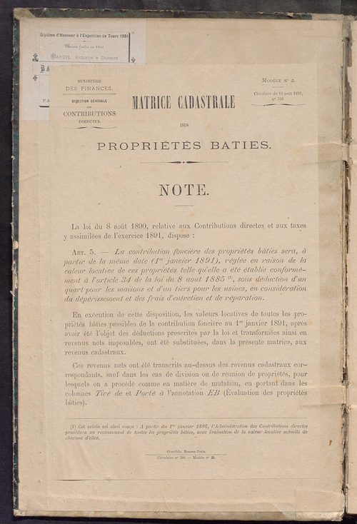 Matrice des propriétés bâties ; augmentations et diminutions, 1883-1891 ; séparation des revenus cadastraux afférents, pour l'année 1882, aux propriétés bâties et non bâties (état-balance) ; table alphabétique des propriétaires.