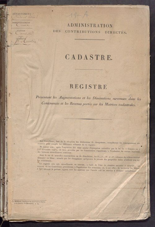 Registre présentant les augmentations et les diminutions survenues dans les contenances et les revenus portés sur les matrices cadastrales, 1826-1884; récapitulation des contenances et des revenus imposables, 1823 ; matrice des propriétés foncières, fol. 