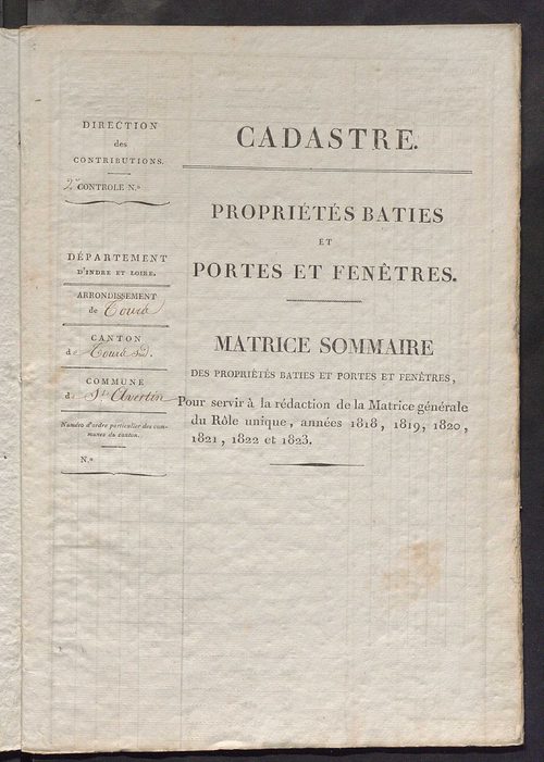 Matrice sommaire des propriétés bâties et portes et fenêtres, pour servir à la rédaction de la matrice générale du rôle unique.