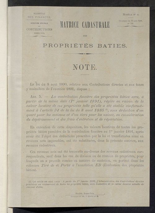 Matrice des propriétés bâties ; augmentations et diminutions, 1883-1891 ; séparation des revenus cadastraux afférents, pour l'année 1882, aux propriétés bâties et non bâties (état-balance) ; table alphabétique des propriétaires.