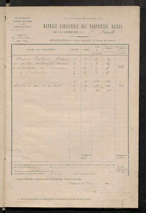 Matrice des propriétés bâties ; augmentations et diminutions, 1883-1891 ; séparation des revenus afférents, pour l'année 1882, aux propriétés bâties et non bâties (état-balance) ; table alphabétique des propriétaires.