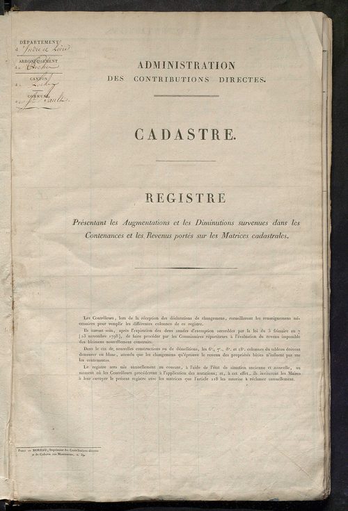 Matrice des propriétés foncières ; registre présentant les augmentations et les diminutions survenues dans les contenances et les revenus portés sur les matrices cadastrales, 1830-1914 ; récapitulation des contenances et des revenus imposables, 1828 ; tab