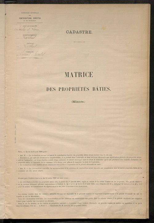 Matrice des propriétés bâties ; récapitulation ; table alphabétique des propriétaires.