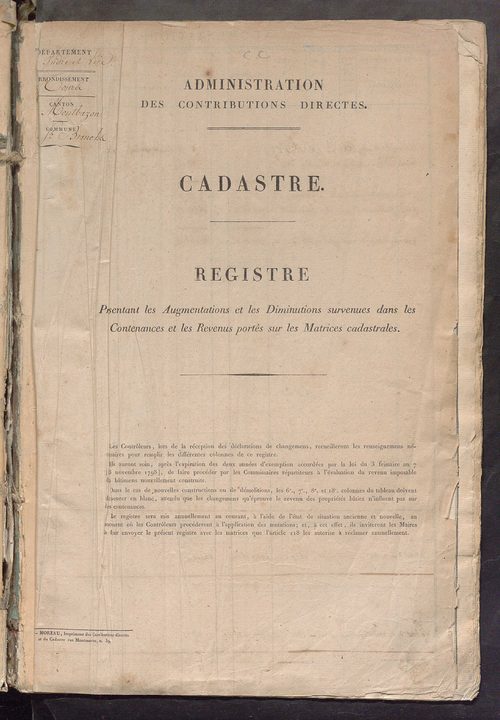 Registre présentant les augmentations et les diminutions survenues dans les contenances et les revenus portés sur les matrices cadastrales, 1828-1914 ; récapitulation des contenances et des revenus imposables, 1826 ; matrice des propriétés foncières, fol.
