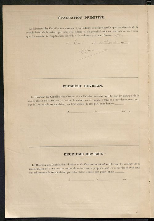 Tableau présentant les augmentations et les diminutions survenues dans la matière imposable ; récapitulation ; table alphabétique des propriétaires ; matrice des propriétés non bâties, fol. 1 à 500.