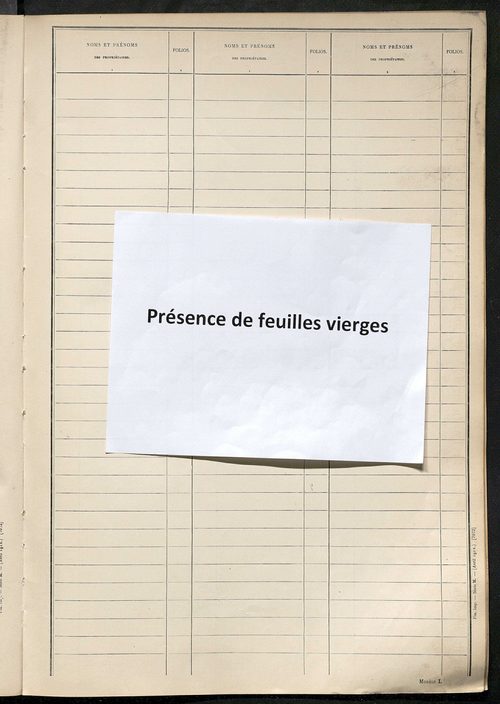 Tableau présentant les augmentations et les diminutions survenues dans la matière imposable ; récapitulation ; table alphabétique des propriétaires ; matrice des propriétés non bâties, fol. 1 à 500.