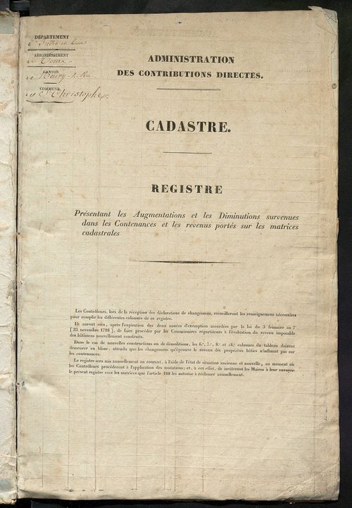 Registre présentant les augmentations et les diminutions survenues dans les contenances et les revenus portés sur les matrices cadastrales, 1838-1914 ; récapitulation des contenances et des revenus imposables, 1836 ; matrice des propriétés foncières, fol.