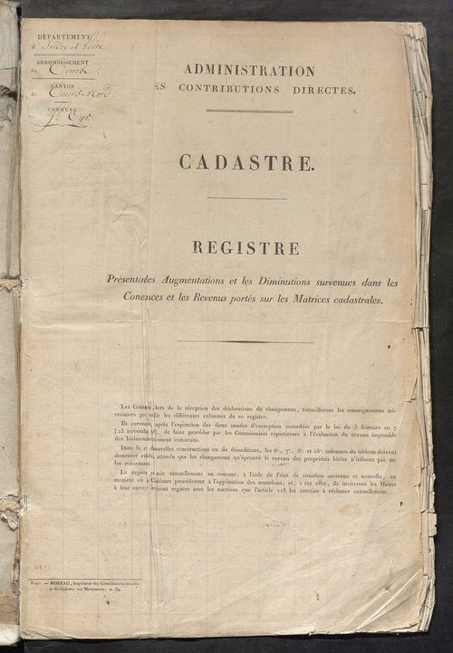 Registre présentant les augmentations et les diminutions survenues dans les contenances et les revenus portés sur les matrices cadastrales, 1826-1914 ; récapitulation des contenances et des revenus imposables, 1822 ; matrice des propriétés foncières, fol.