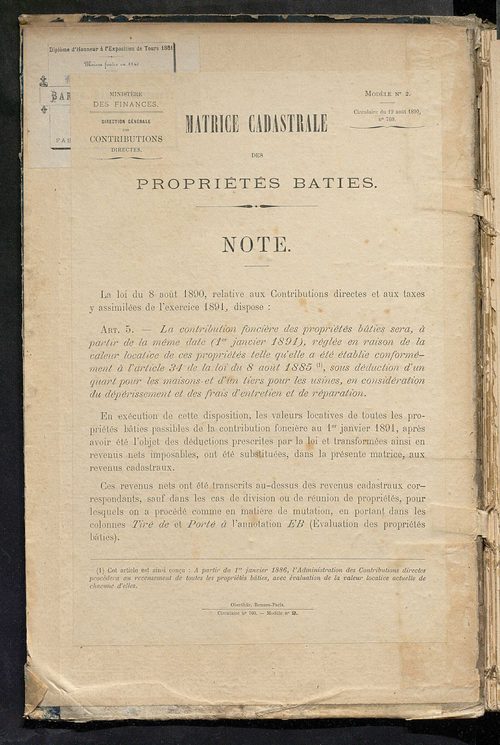 Matrice des propriétés bâties ; augmentations et diminutions, 1883-1891 ; séparation des revenus cadastraux afférents, pour l'année 1882, aux propriétés bâties et non bâties (état-balance) ; table alphabétique des propriétaires.