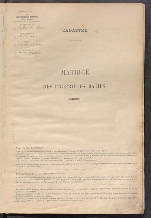 Tableau présentant la valeur locative réelle, le revenu net imposable et le nombre de propriétés bâties ; récapitulation ; table alphabétique des propriétaires ; matrice des propriétés bâties, cases 1 à 464.